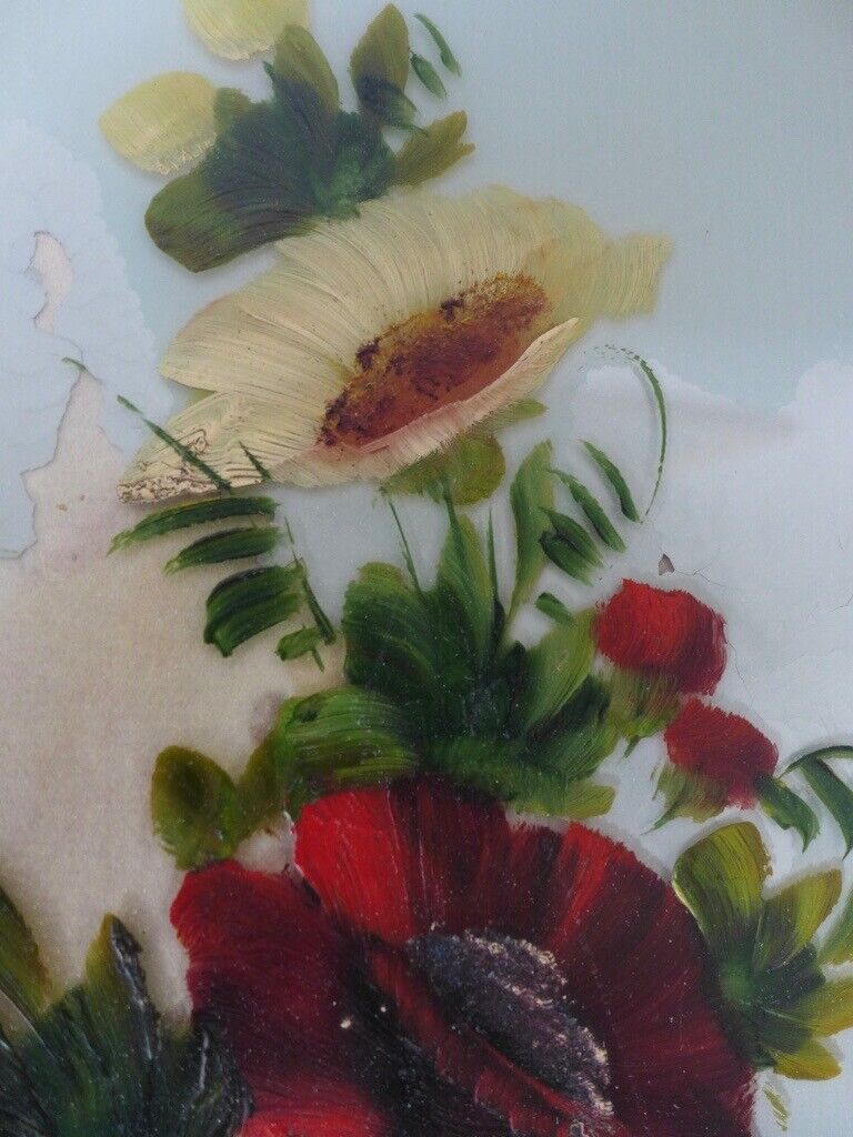 Collectable framed artwork: Pair of VICTORIAN ANTIQUE FLORAL OIL PAINTINGS ON GLASS. Two for £95