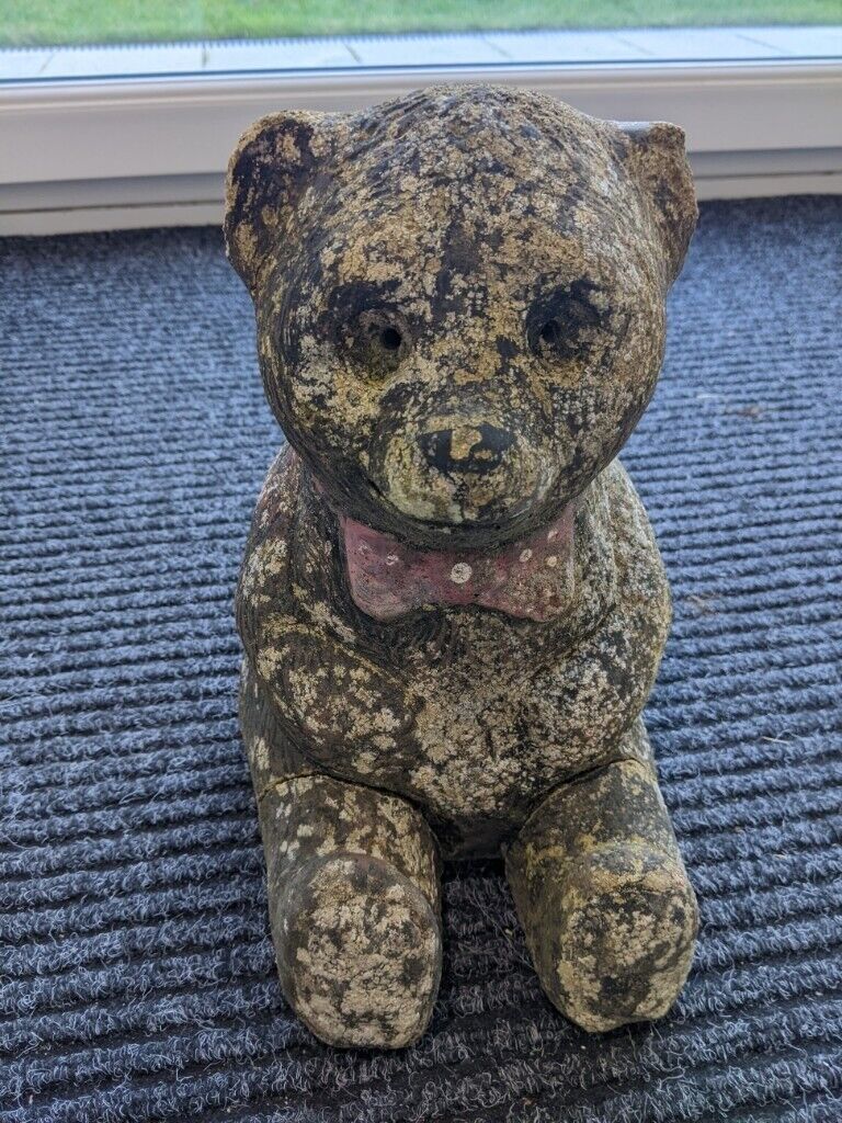 GREY STONE BEAR WITH RED BOW TIE GARDEN ORNAMENT 17cm L x 27cm H x 22cm W