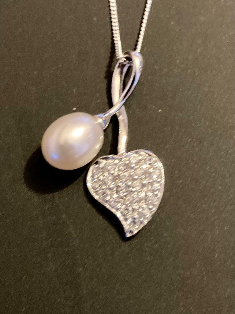 image for Sterling silver crystal and fresh water pearl pendant necklace 