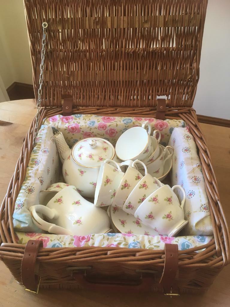 image for Pretty Vintage Tea Set Ideal Gift in John Lewis Wicker Hamper Basket 
