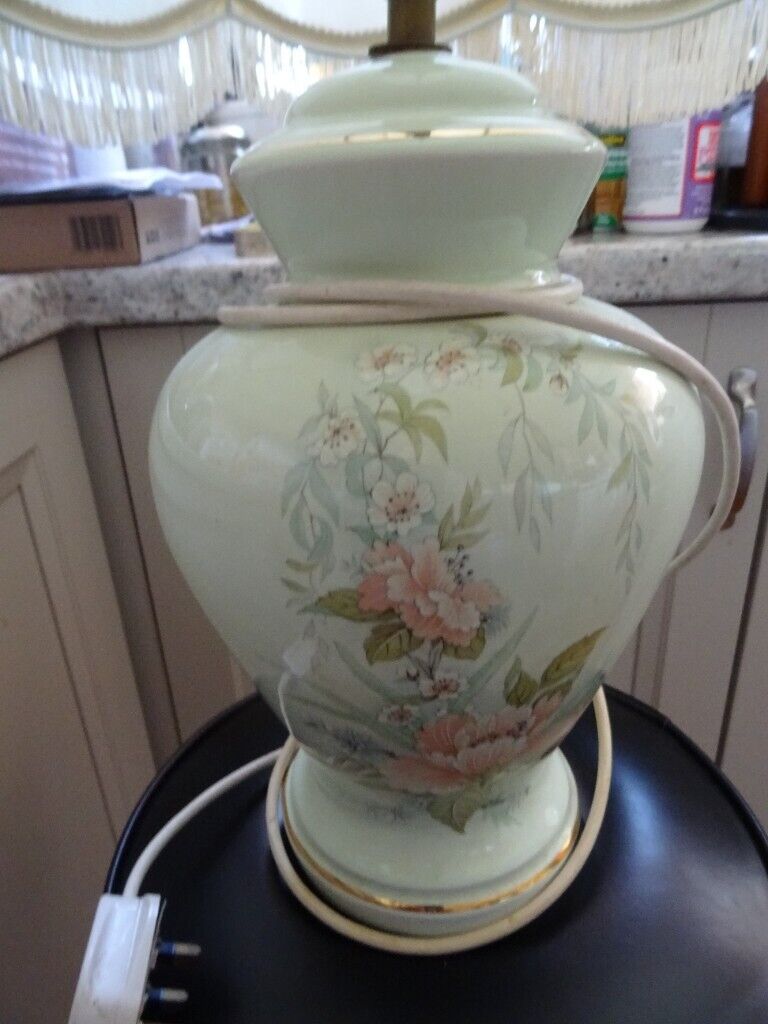 Pale Green Floral Large Ceramic Table Lamp & Shade