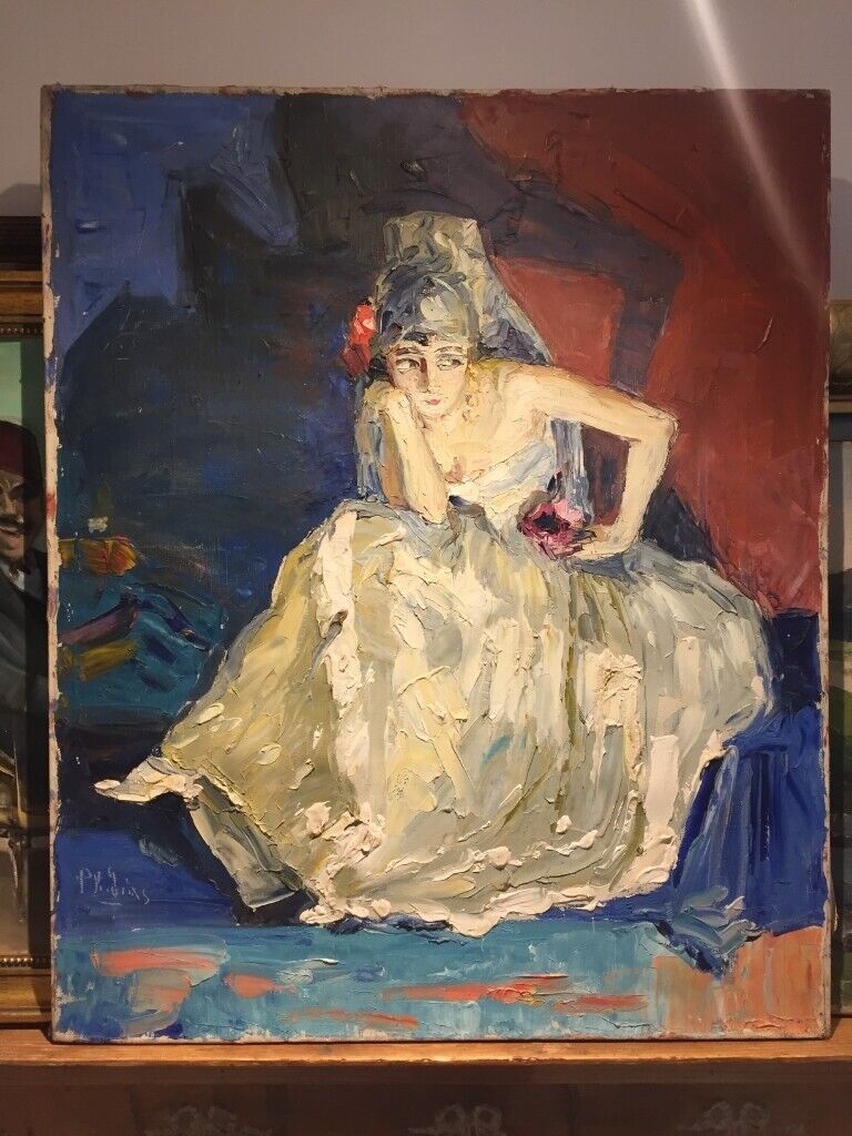 1920's original oil on canvas painting 'Study of a seated woman in a bridal outfit'