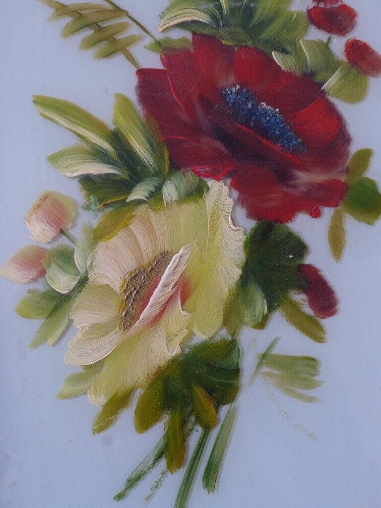 Collectable framed artwork: Pair of VICTORIAN ANTIQUE FLORAL OIL PAINTINGS ON GLASS. Two for £95