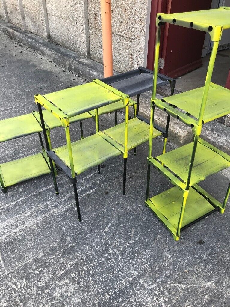FOUR PLASTIC/MATERIAL DISPLAY STANDS GREEN/BLACK FOR SHOP RETAIL DISPLAY