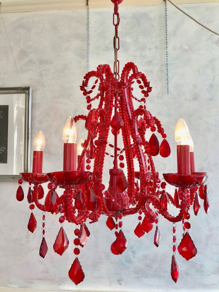 image for Large Marie Therese Red French Droplet 6 Arm Chandelier Light Pendant Fitting 