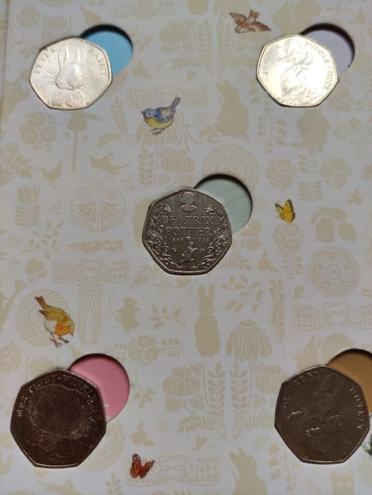 2016 Beatrix Potter,50p, circulated set of 5 coins in album