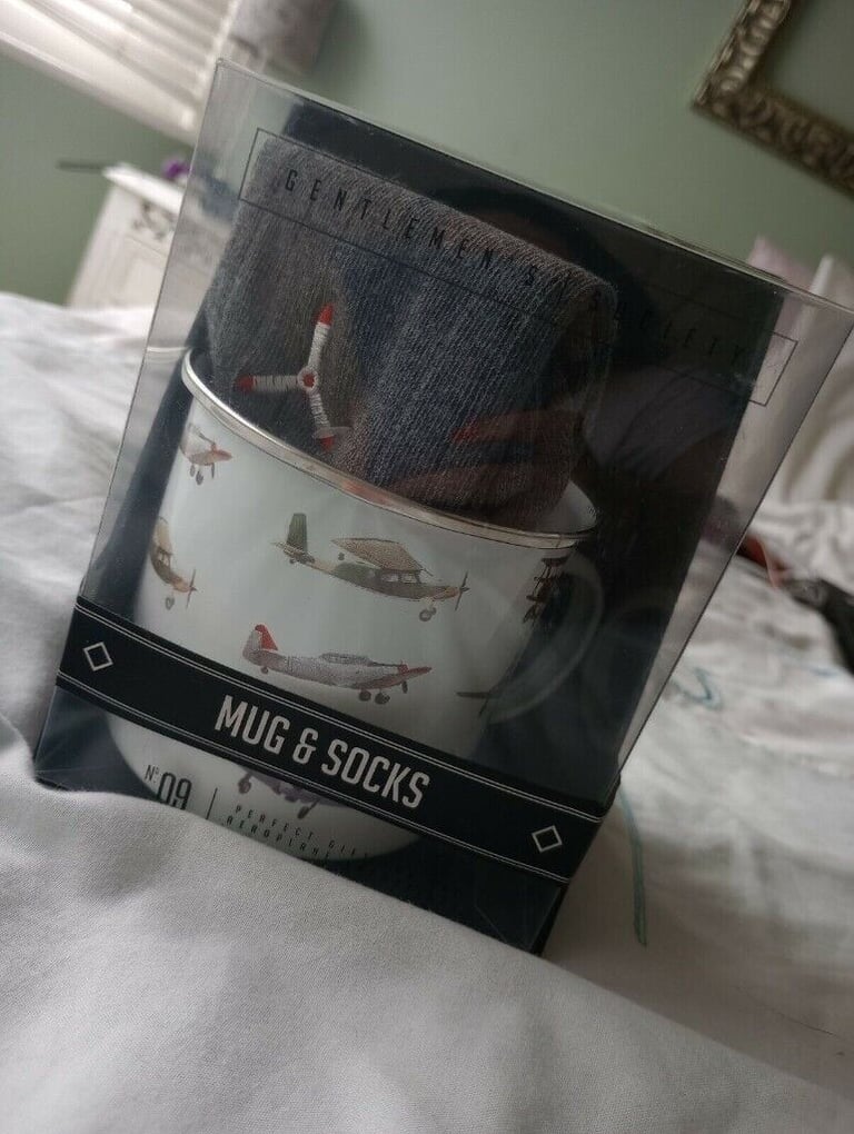 Enamel Mug with planes and Socks, camper van