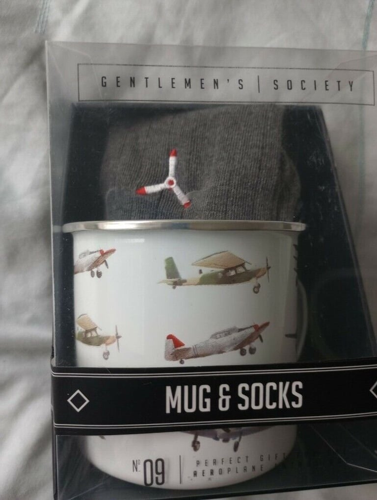 Enamel Mug with planes and Socks, camper van