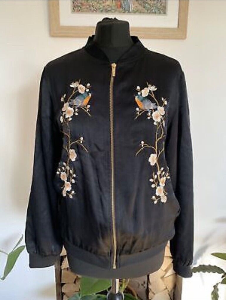 Zara Black Satin Jacket with Cute Bird Blossom Embroidery Black Zip Medium