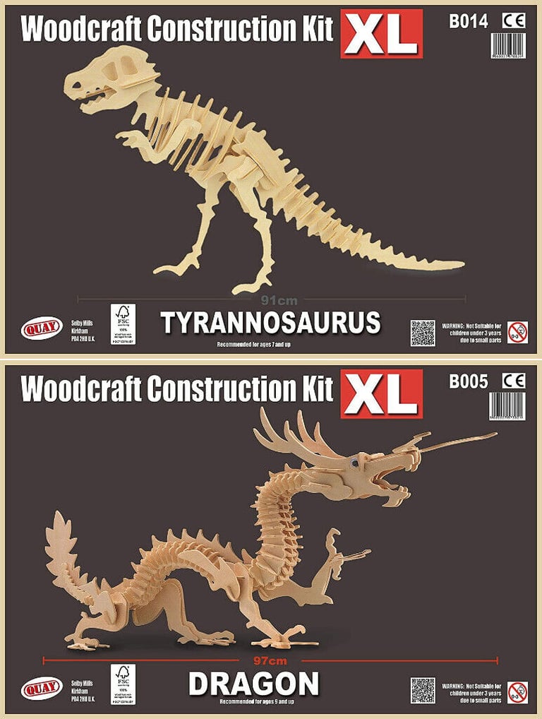 image for 2 x Large Wooden 3D Model Kits: Dragon XL,Tyrannosaurus XL, Quay Construction