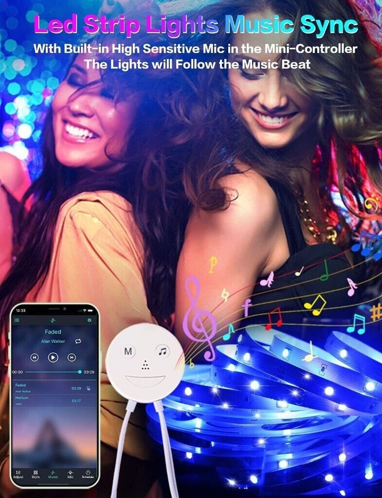 LED Strip Light 15M with Bluetooth APP and Remote Music Sync Changing Colour