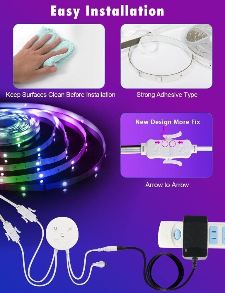LED Strip Light 15M with Bluetooth APP and Remote Music Sync Changing Colour