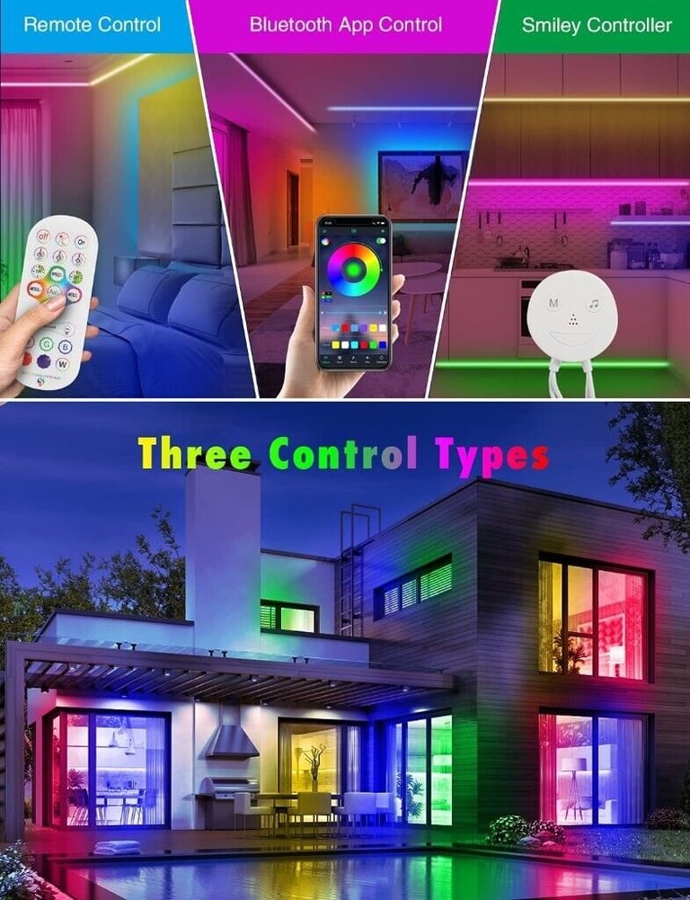 LED Strip Light 15M with Bluetooth APP and Remote Music Sync Changing Colour
