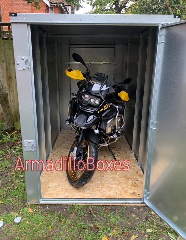 Motorcycle Storage Shed Box rust proof galvanised steel. Secure weather proof motorbike shed storage