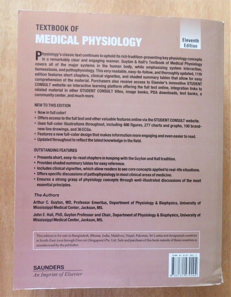 Textbook of Medical Physiology, Guyton and Hall. ISBN 8181479203 Soft back. Harriseahead, ST7