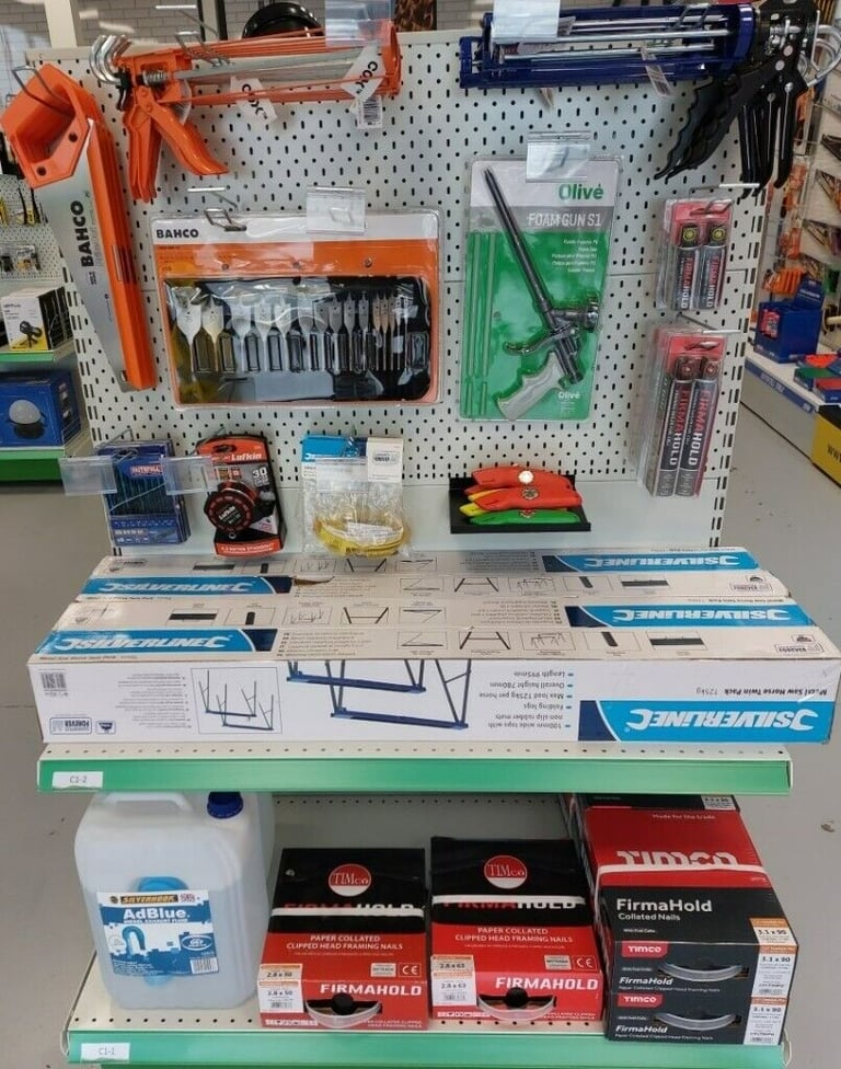 Hand Saw, Float Trowel, brick line, chalk block, pins, level, light, battery, trestle, tape measure