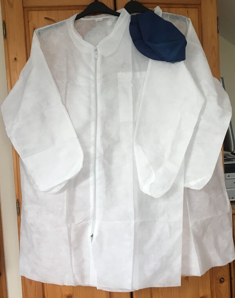 	2 large white disposable coats + 1 blue hat. £3 ovno lot. Can post.