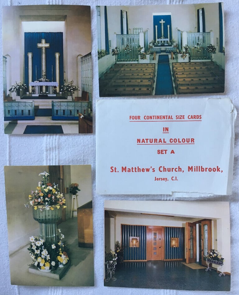 	Vintage 1970s Set A 4 unused colour postcards St Matthews Church,Millbrook,Jersey,C.I. in envelope.