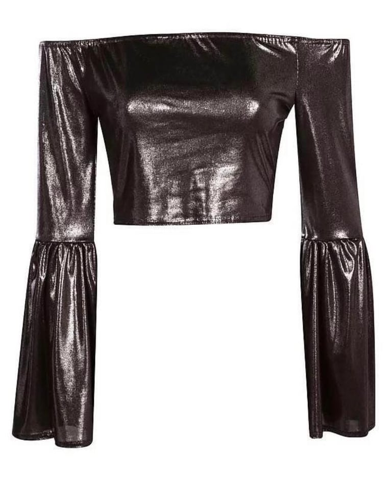 Boohoo Polly Metallic Flare Sleeve Bardot Crop Top Silver Size 10