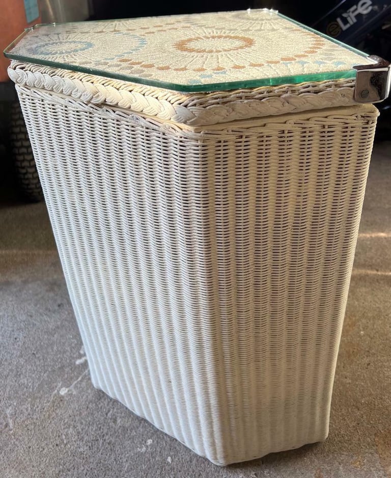 image for VINTAGE LLOYD LOOM ‘LUSTY’ CORNER LAUNDRY STORAGE WITH GLASS TOP