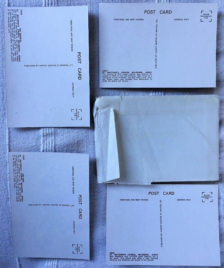 	Vintage 1970s Set A 4 unused colour postcards St Matthews Church,Millbrook,Jersey,C.I. in envelope.