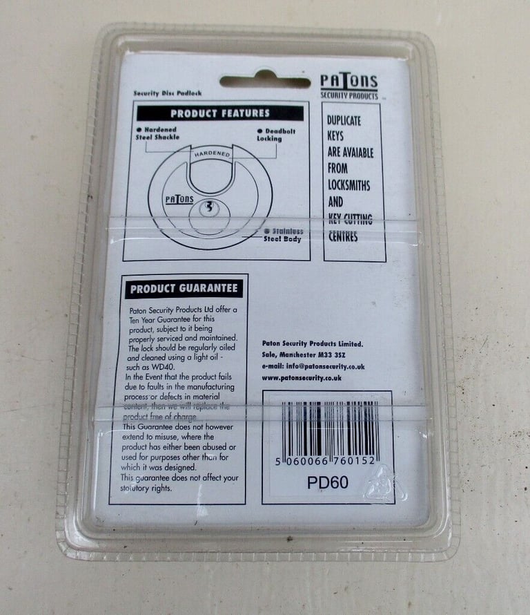 BRAND NEW GOOD QUALITY PATON 60mm DISCUS PADLOCK WITH 2 KEYS. 