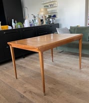 midcentury designer oak dining table: 120cm but extendable to 165cm. 