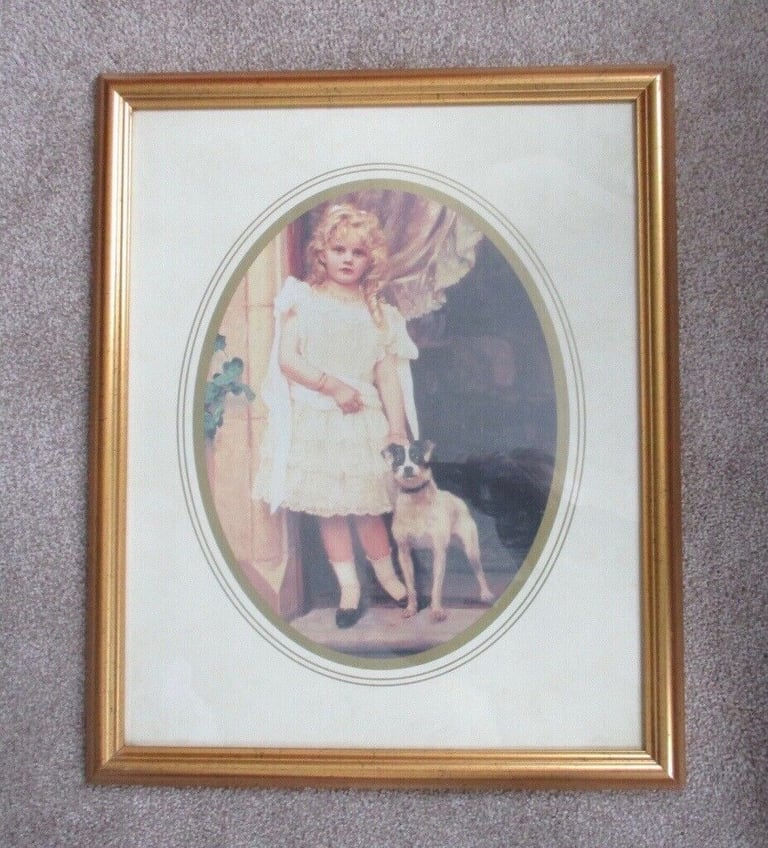 image for Framed Print Girl With Dog - Gold Frame - 48cm x 57cm Collection Only