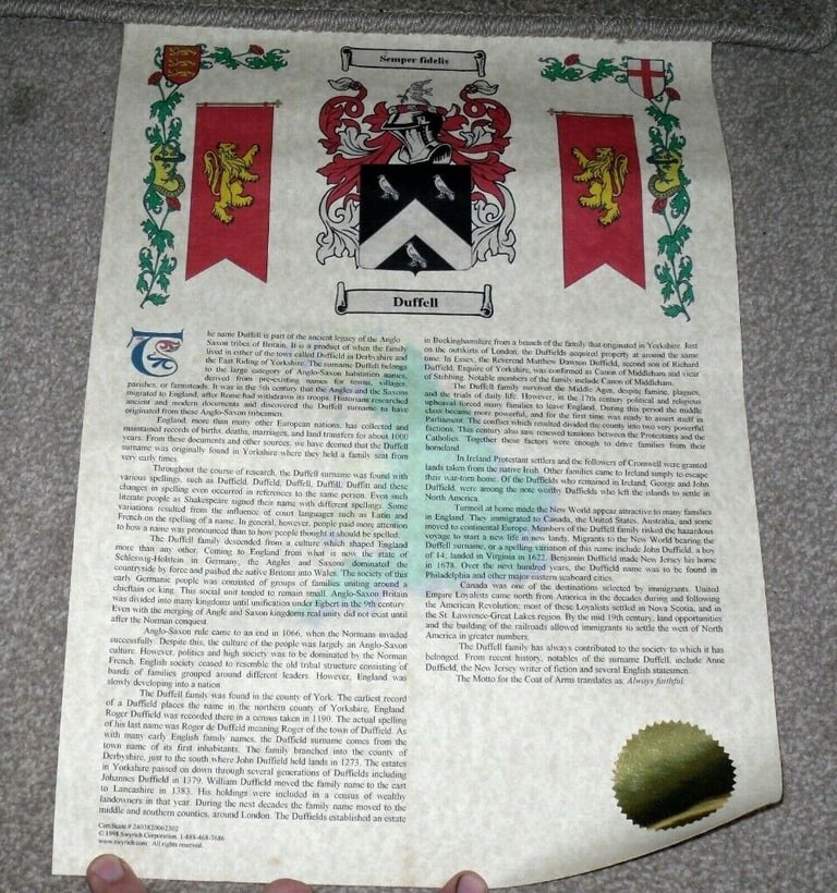 image for Duffell Surname Scroll - Origins & History With Coat Of Arms - 1998 Swyrich