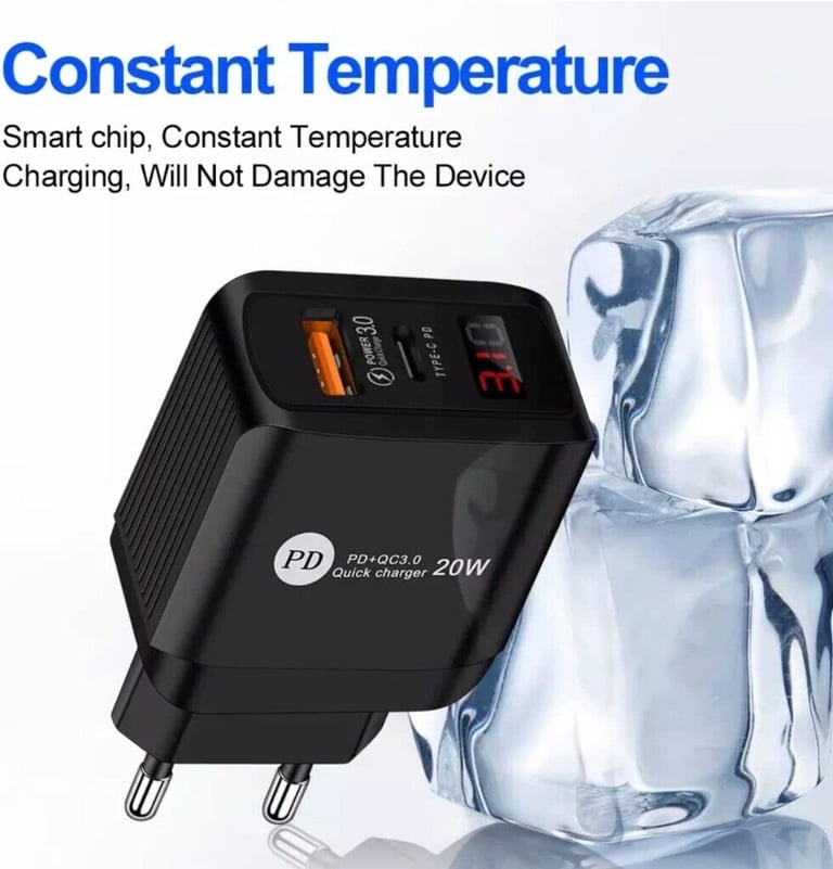 2-in-1 USB Type C PD20W Plug UK Mains Charger LED Digital Display for phone ipad tablet