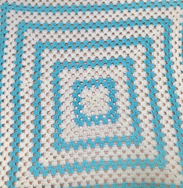 Vintage Hand Knitted Lemon Yellow Blue Geometric Wool Throw Granny Blanket 68sq