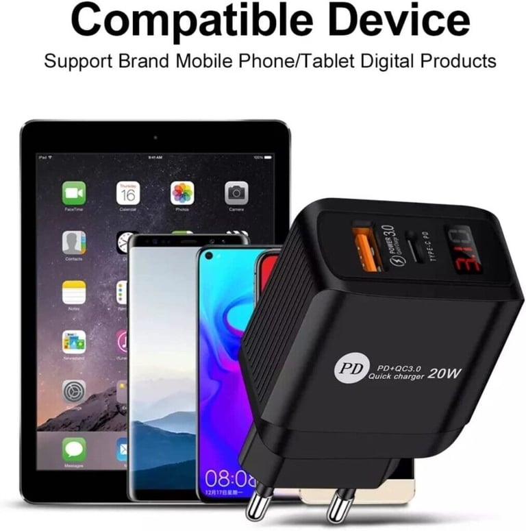 2-in-1 USB Type C PD20W Plug UK Mains Charger LED Digital Display for phone ipad tablet