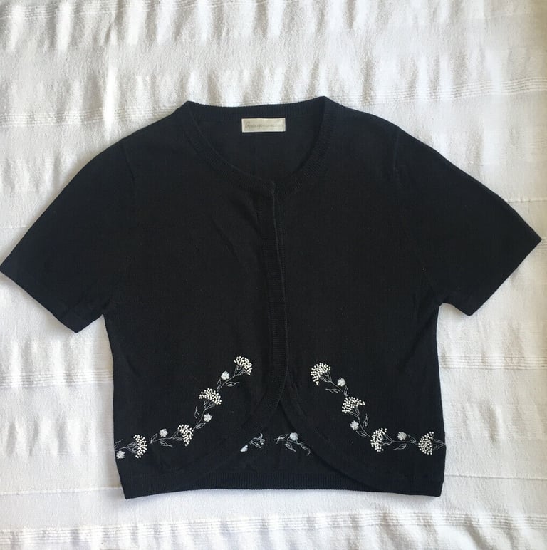 image for Women's black short sleeve cardigan, embroidered, bead embellished. 32-34 inch bust.