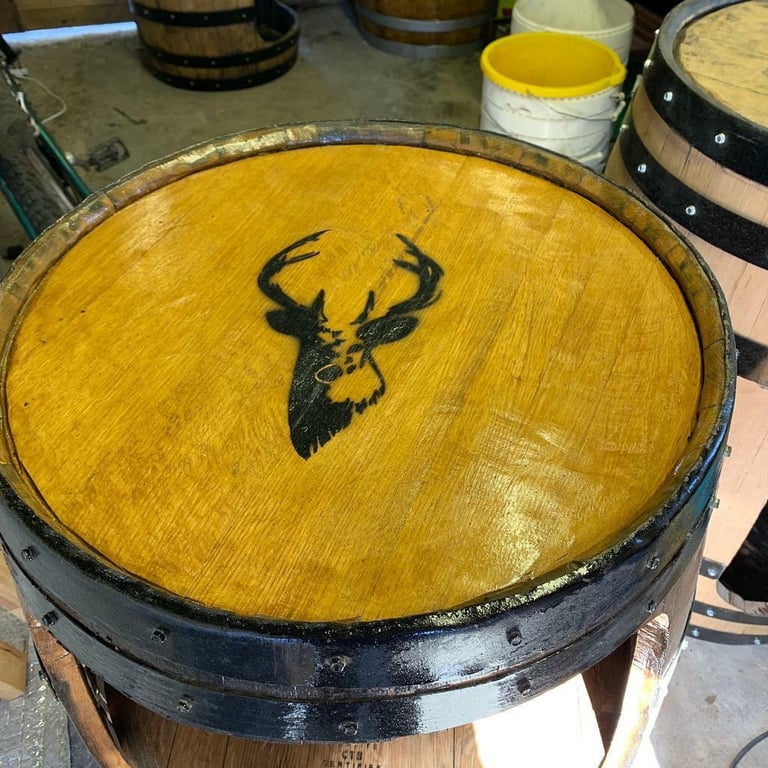 Revamped oak whisky barrel lid 0.600. wide 0.450 with metal legs to go no legs on yet. Can