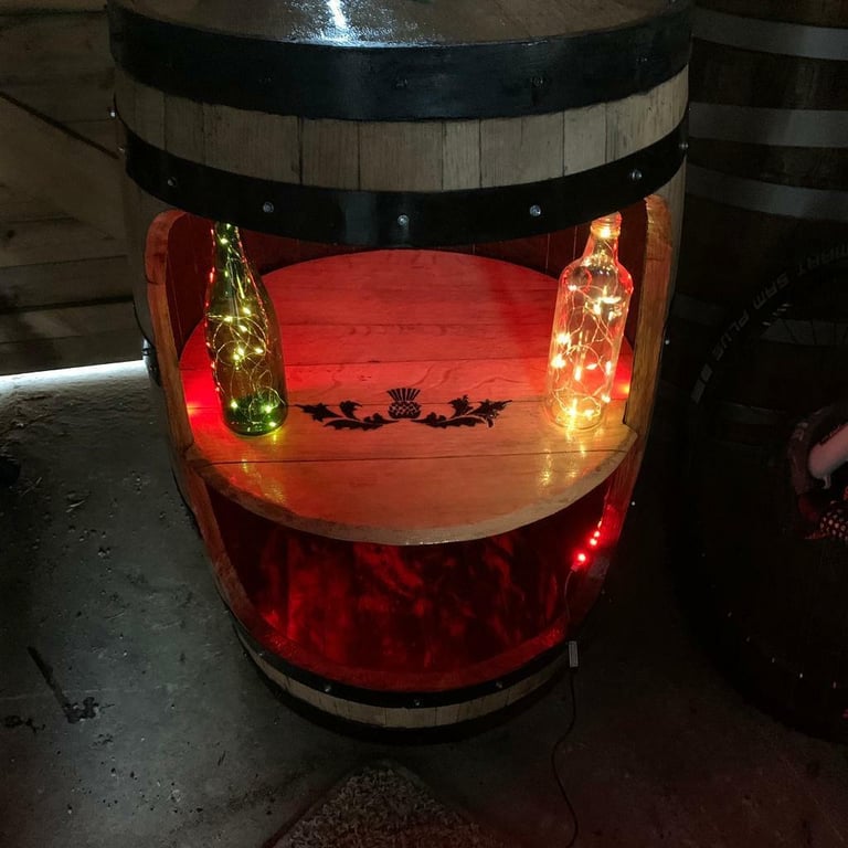 Whisky barrels revamped Display cabinets or mini bar mid oak shelf lights any stencil added 