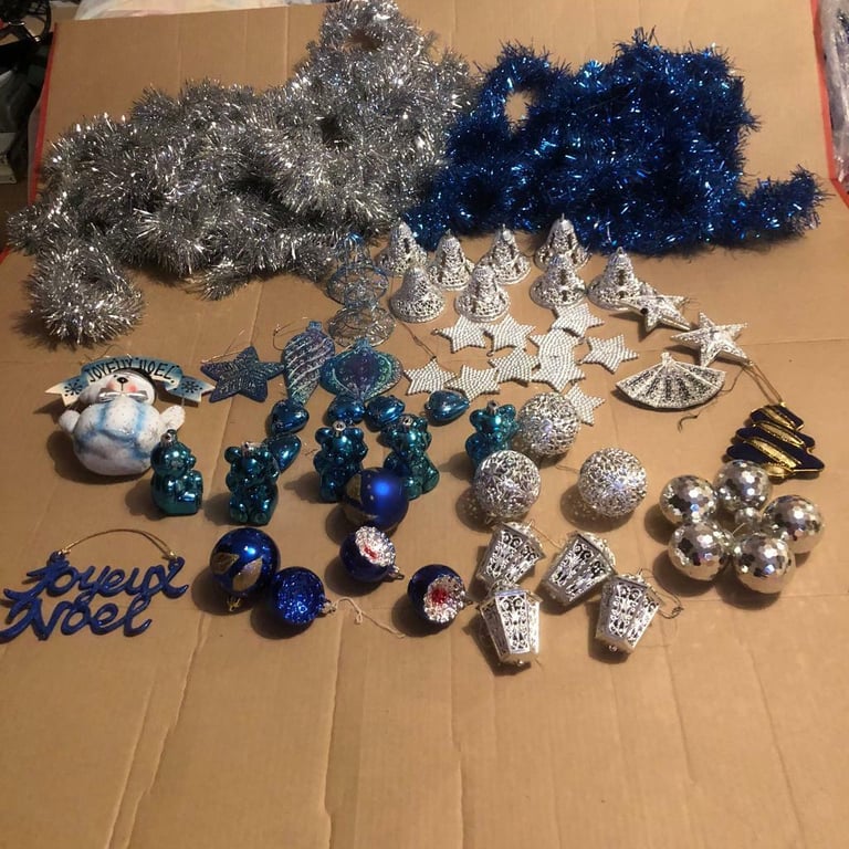 Bundle of silver and blue Christmas decorations