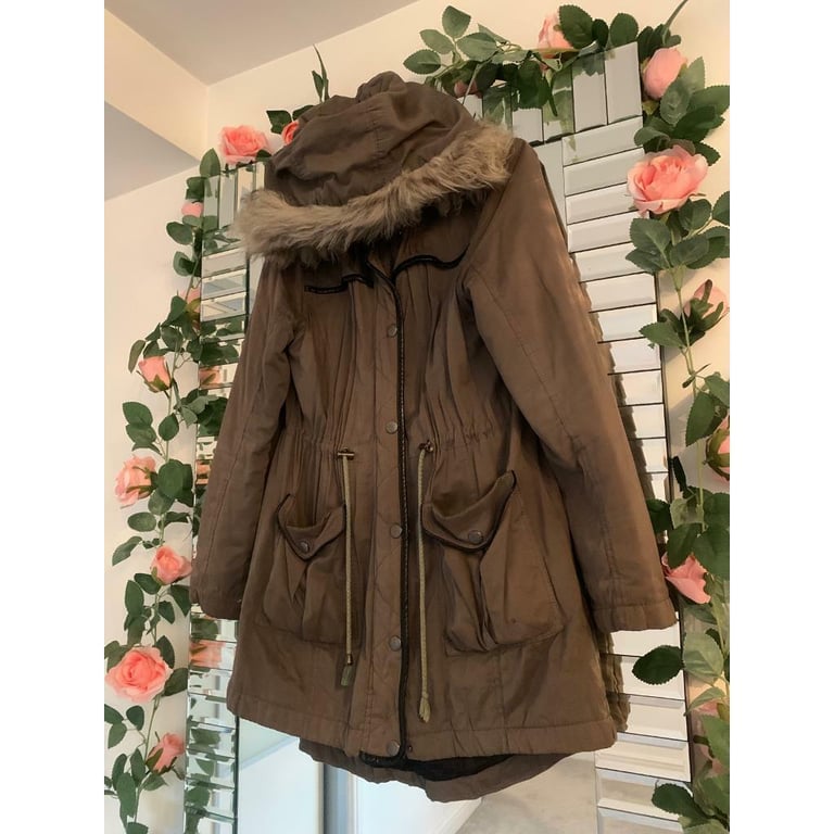 Primark Khaki Fur Hooded Coat Size 10
