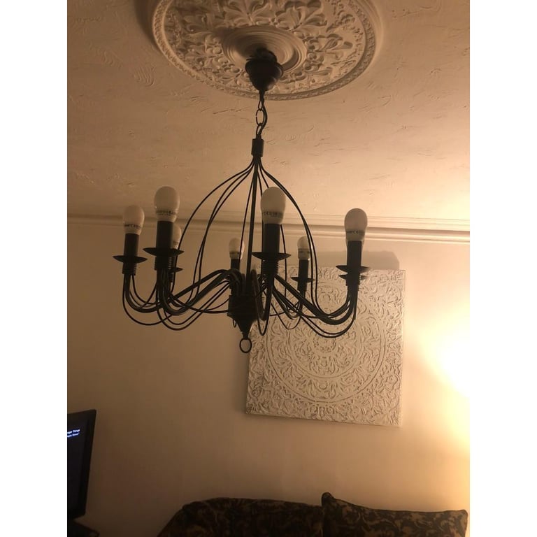 B&Q eight bulb black iron ceiling light .
