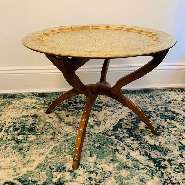image for Mid Century Modern Brass Tea Tray Table Moroccan Coffee Table 