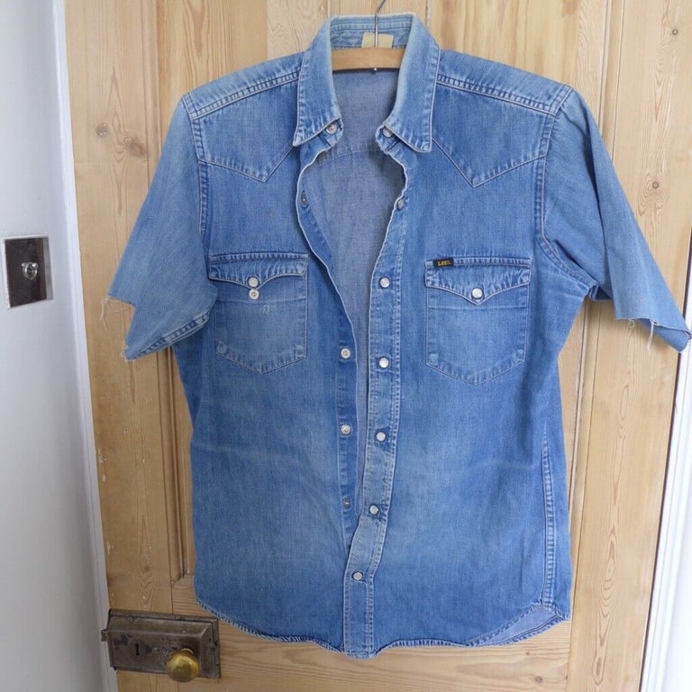 image for Vintage 1970s LEE Denim Shirt. Frayed Short Sleeves.