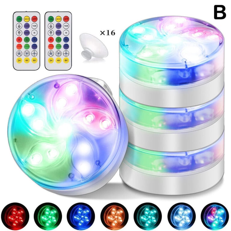 4 PACK SUBMERSIBLE LED POOL LIGHTS WITH 2 WIRELESS REMOTEs SUCTION CUPS MAGNETS.