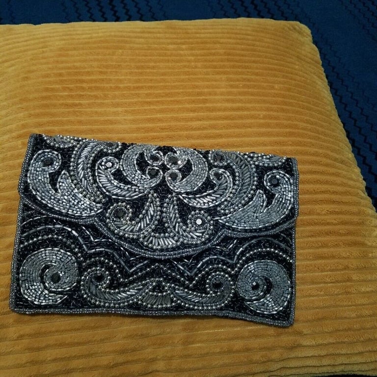 Black Beaded Scallop Clutch Bag, New   £7