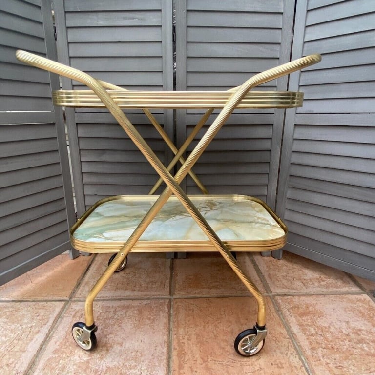Vintage Mid Century Fold Down Melamine Gin & Drinks Wheeled Trolley Green Marble