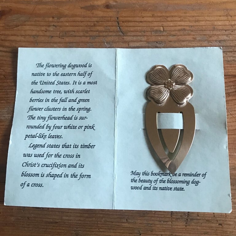 image for Unused goldtone metal bookmark, dogwood flower, in holder. From USA. £3 ovno. Can post.