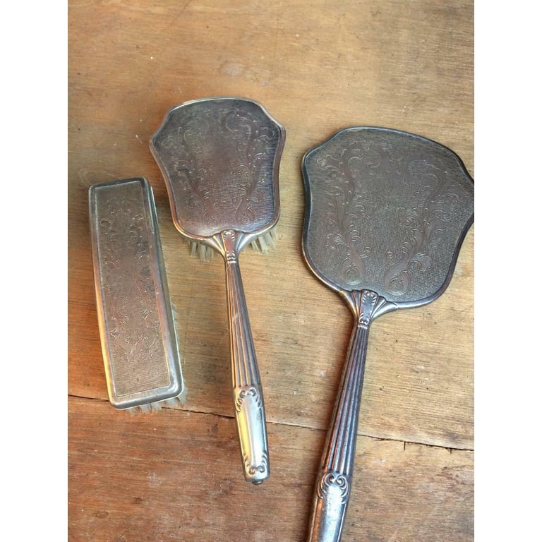 Vintage dressing table set, mirror, hairbrush & clothes brush