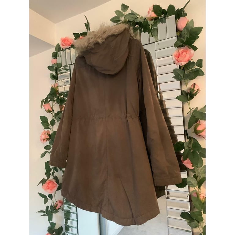 Primark Khaki Fur Hooded Coat Size 10