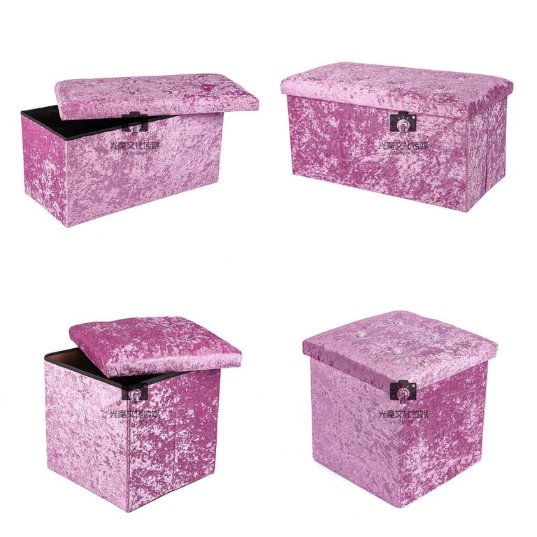 Single + Large Pink Crushed Velvet Diamante Ottoman Folding Storage Box Footstool Seat