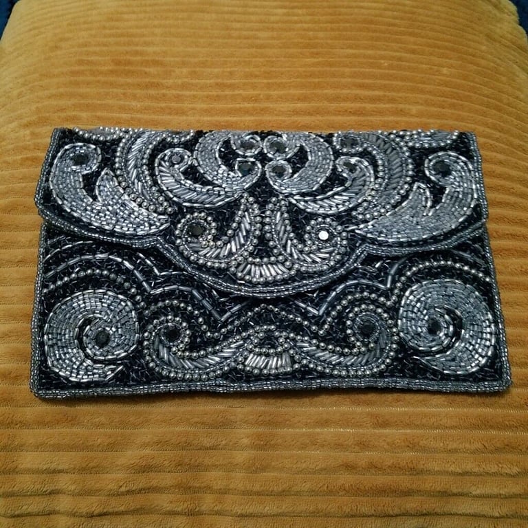 Black Beaded Scallop Clutch Bag, New   £7
