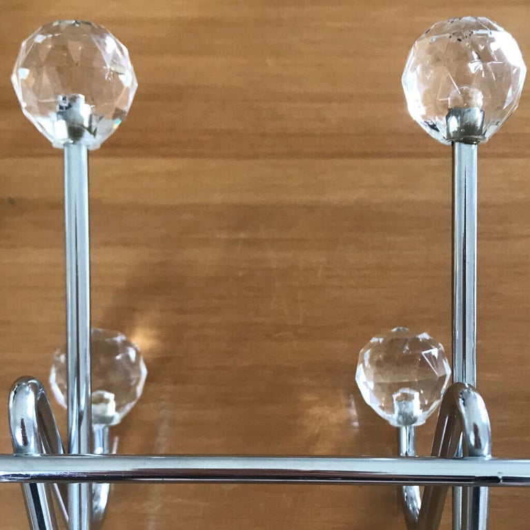 Jewelled over-door hooks - 10, chrome(d), multi-faceted glass effect finials, one missing. £4 ovno.