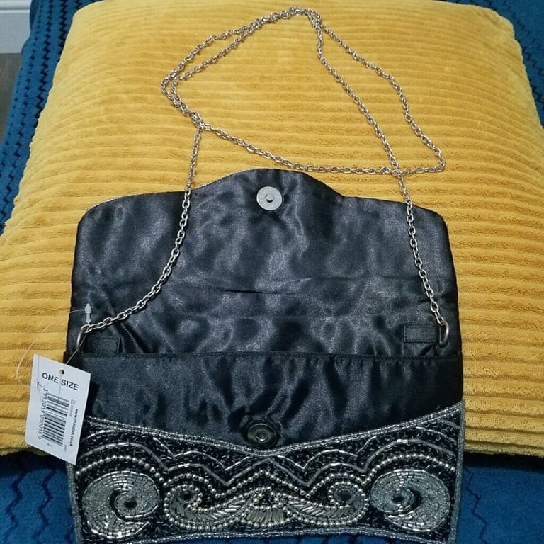 Black Beaded Scallop Clutch Bag, New   £7